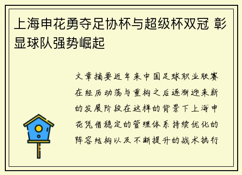 上海申花勇夺足协杯与超级杯双冠 彰显球队强势崛起