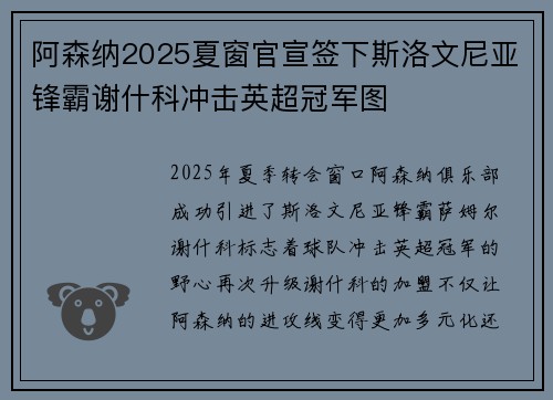 阿森纳2025夏窗官宣签下斯洛文尼亚锋霸谢什科冲击英超冠军图