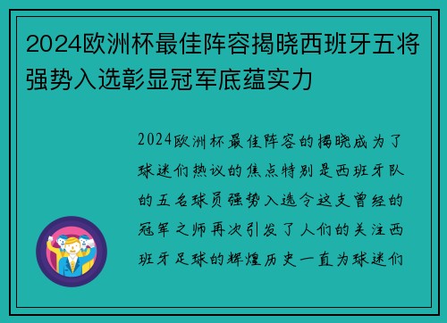 2024欧洲杯最佳阵容揭晓西班牙五将强势入选彰显冠军底蕴实力